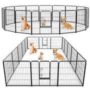 Heavy-duty black wire dog playpen shown in two configurations with three dogs inside
