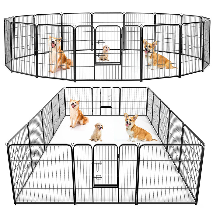 Heavy-duty black wire dog playpen shown in two configurations with three dogs inside