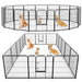 Two configurations of black wire dog playpen - octagonal and rectangular setup with Corgi dogs