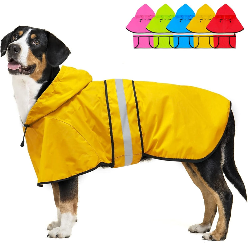 Black and tan dog wearing yellow waterproof raincoat with reflective stripes and hood up