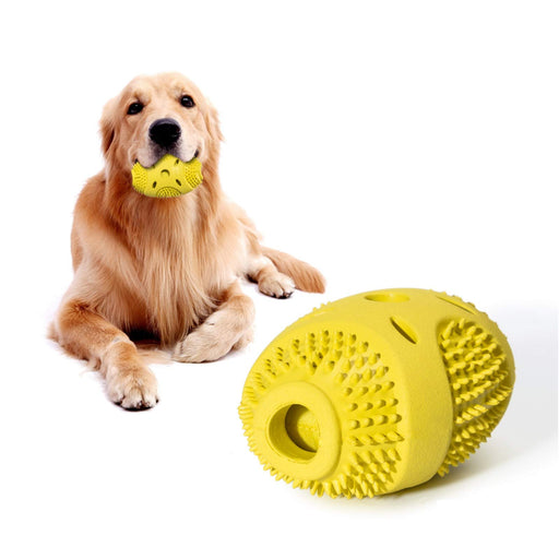 Golden retriever lying with yellow spiky rubber dog toy in mouth and larger toy on ground