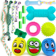 Colorful dog toy collection with rope toys, rubber rings, squeaky balls and plush emoji faces