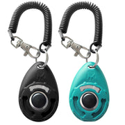 Two dog training clickers in black and teal with retractable coiled cords and carabiner clips