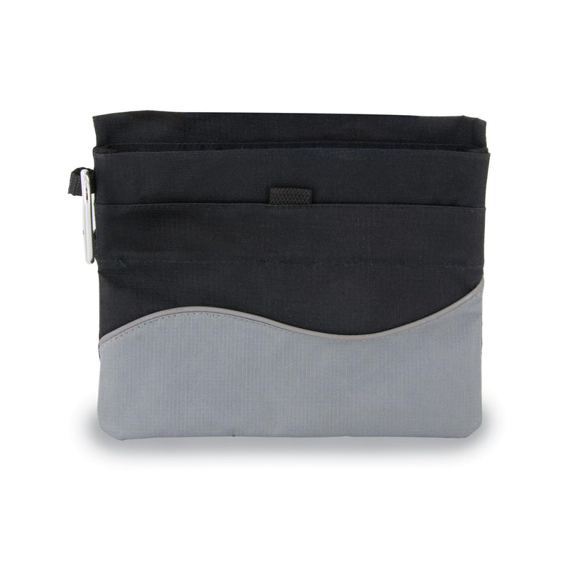 Black and gray dog treat pouch with zipper closure and metal clip attachment ring