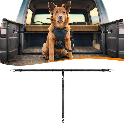 Brown dog wearing blue harness secured with adjustable truck bed safety leash in vehicle cargo area