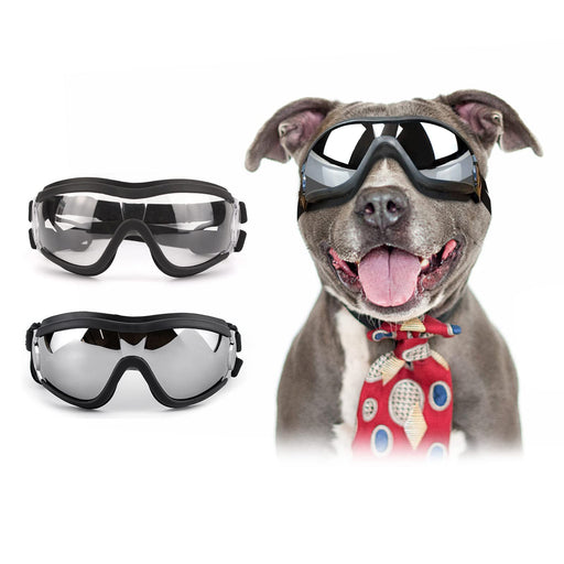Happy gray pit bull wearing protective dog goggles with clear lenses and red patterned bandana