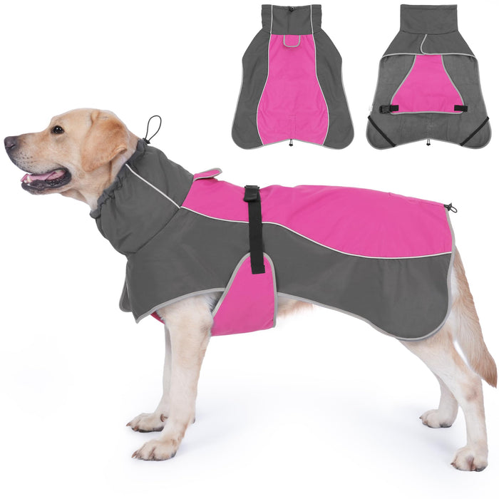 Gray and pink waterproof dog winter coat shown on yellow lab with flat layout views above