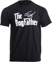 Black t-shirt with white The Dogfather text and cartoon dog graphic on chest