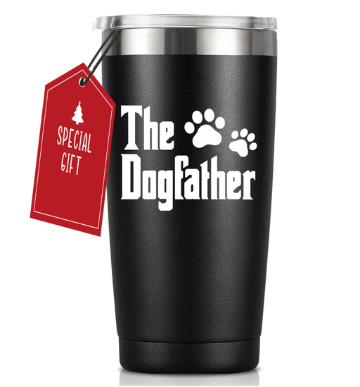 Black insulated tumbler with The Dogfather text and paw prints with Christmas gift tag