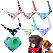 Two dogs wearing colorful patterned bandanas with collection of 7 decorative dog bandanas