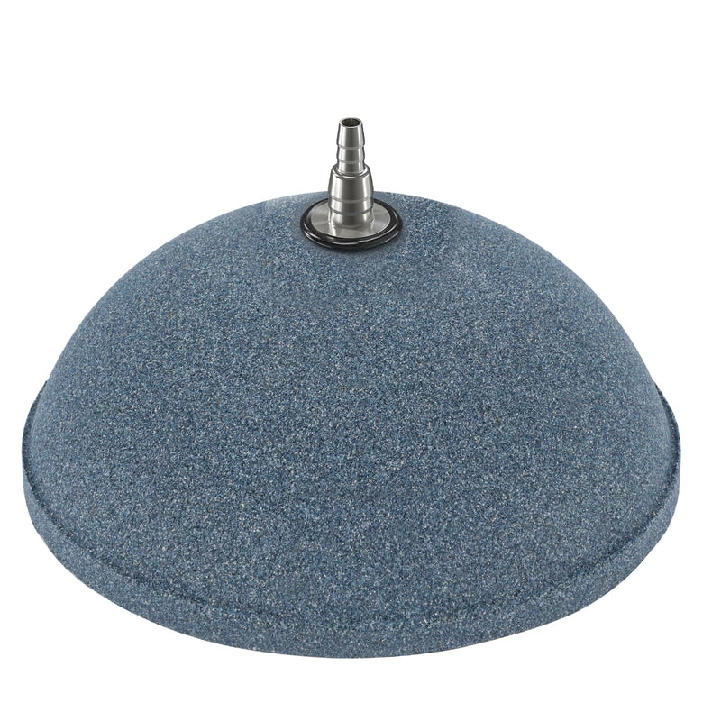 Blue dome-shaped aquarium air stone with stainless steel hose barb fitting on top