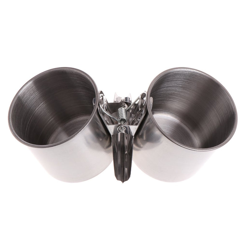 Interior view of stainless steel double bird feeding bowls showing brushed metal finish