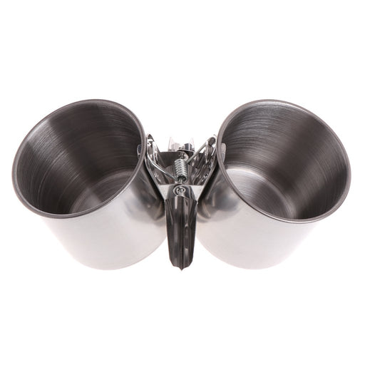 Interior view of stainless steel double bird feeding bowls showing brushed metal finish