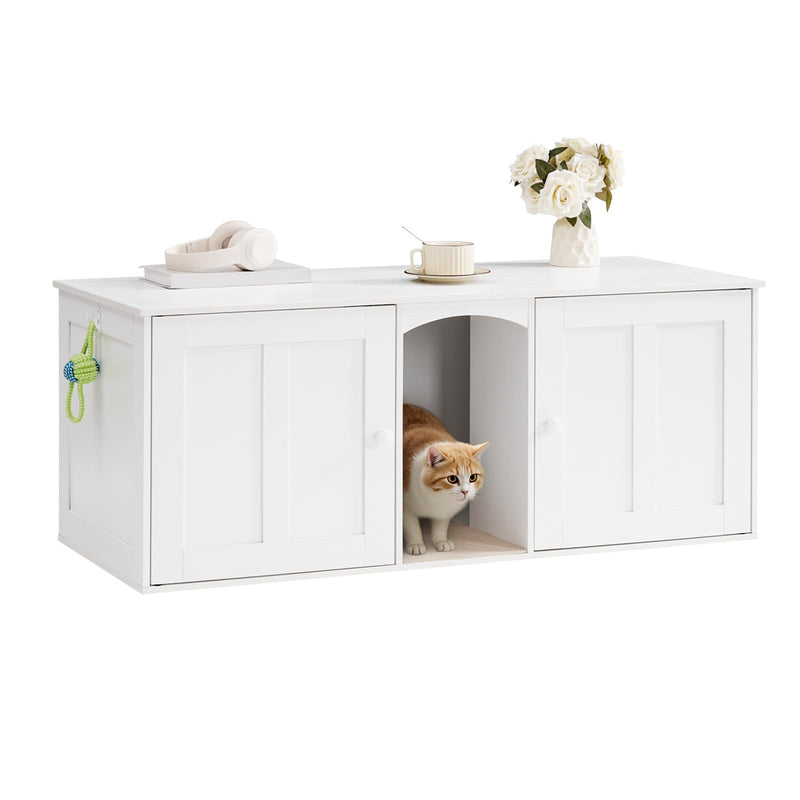 White double-door cat litter cabinet with orange tabby cat peeking out from center opening