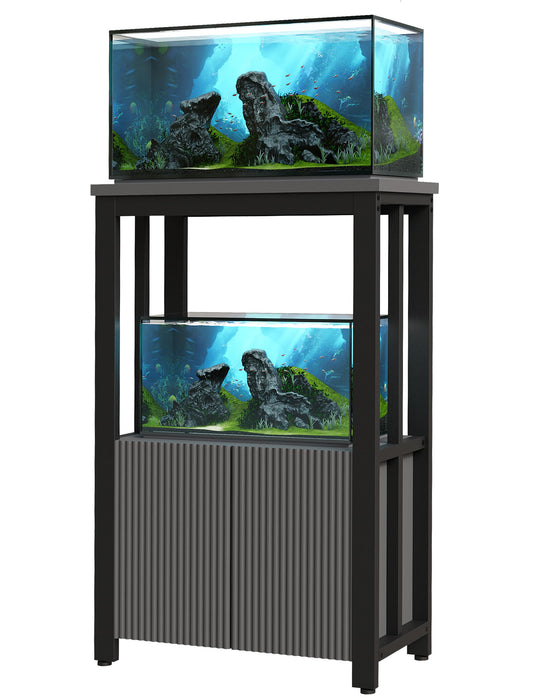 Black wooden aquarium stand holding two fish tanks with green aquascaping and rock formations