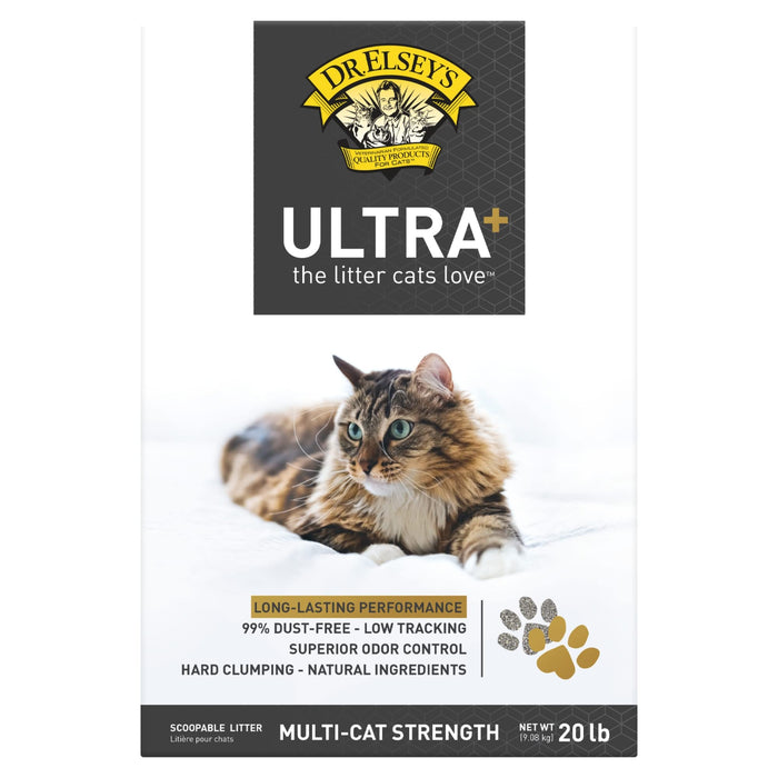 Dr. Elsey's Ultra+ cat litter package with tabby cat photo and product features listed