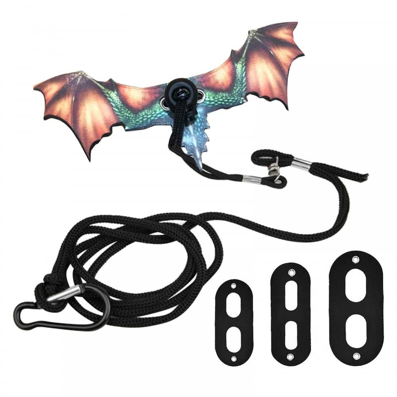 Dragon wing reptile harness with colorful wings, black straps and mounting hardware displayed
