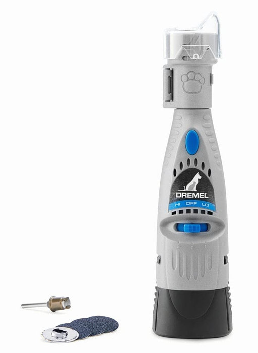 Gray Dremel pet nail grinder with blue accents shown with replacement accessories and bits