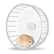 Clear plastic hamster exercise wheel with beige hamster inside, showing dual-bearing design