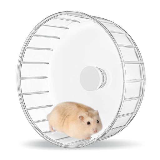 Clear plastic hamster exercise wheel with beige hamster inside, showing dual-bearing design