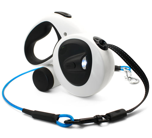 White retractable dog leash with LED flashlight showing blue and black dual cord system