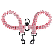 Pink checkered dual dog leash with elastic bands and black metal clips on white background