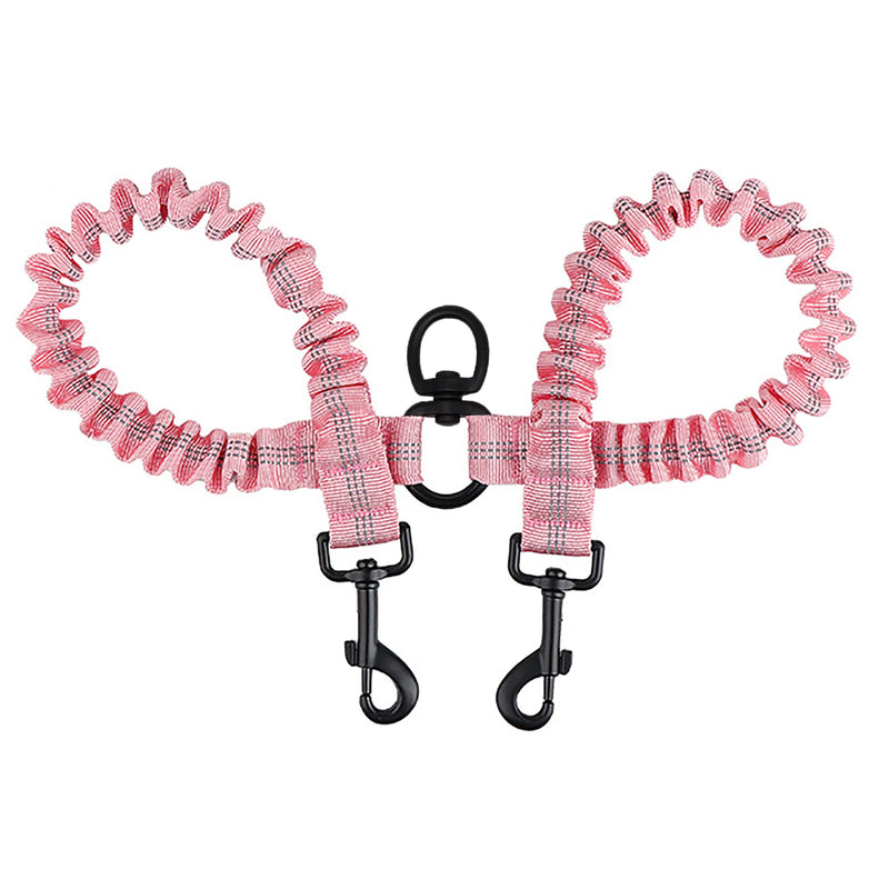 Pink checkered dual dog leash with elastic bands and black metal clips on white background