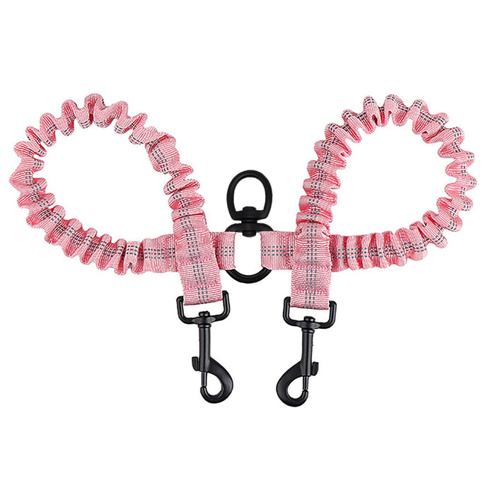 Pink checkered dual dog leash with elastic bands and black metal clips on white background