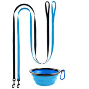 Blue and black dual dog leashes with snap hooks alongside a collapsible blue travel bowl