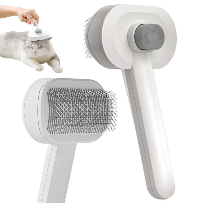 White and gray pet brush showing both rectangular brush head and circular massage head designs