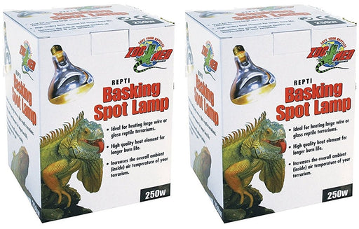 Two identical white product boxes showing 250W reptile basking spot lamps with iguana image