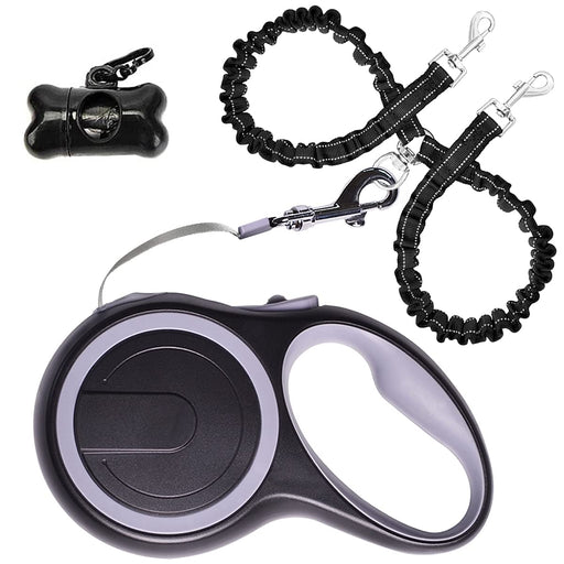 Black and purple dual retractable dog leash with waste bag dispenser and bungee cord attachment