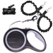 Black and purple dual retractable dog leash with waste bag dispenser and bungee cord attachment