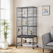 Large multi-level bird cage on wheels with colorful birds inside, positioned in modern living room