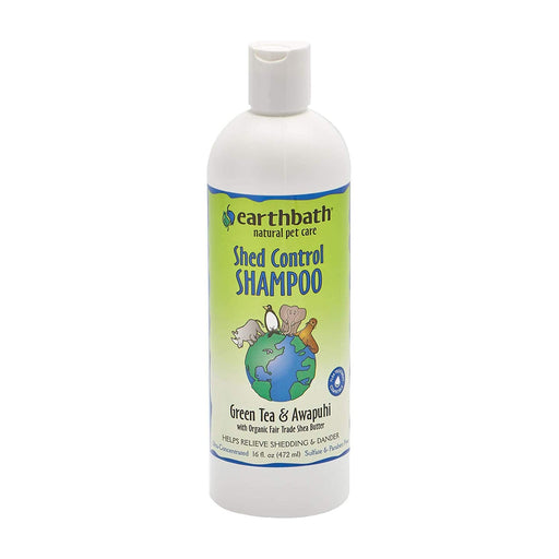 White bottle of earthbath Green Tea & Awapuhi Shed Control Shampoo with green label and earth