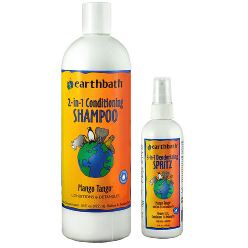Earthbath Mango Tango shampoo bottle and deodorizing spritz with colorful Earth globe design