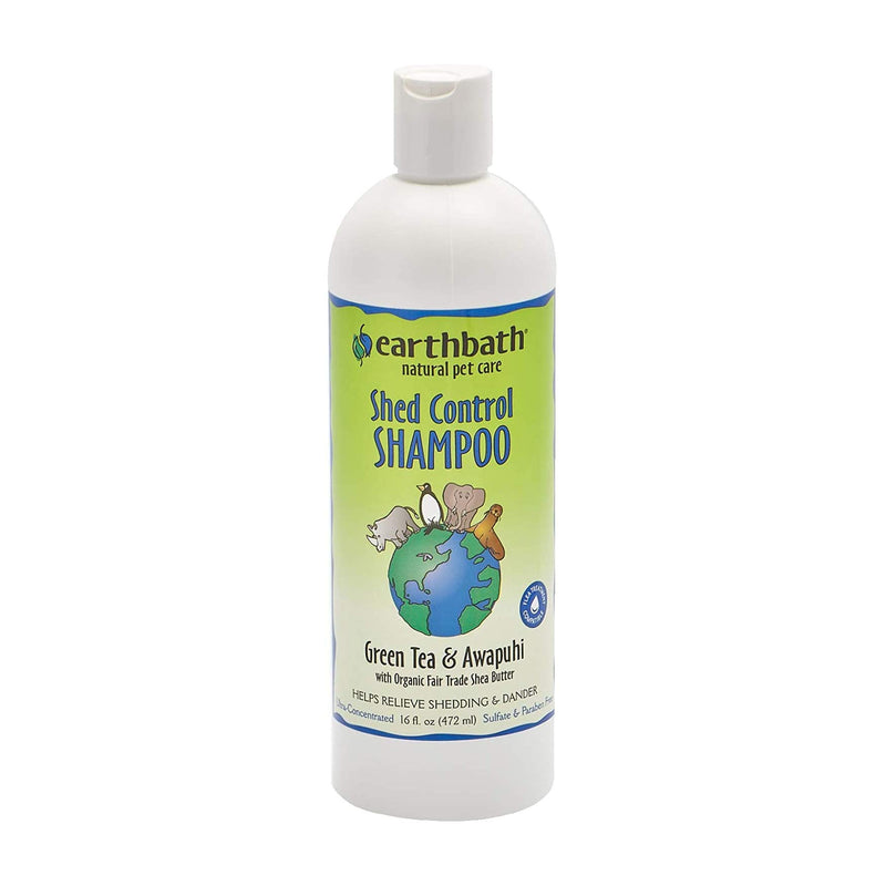 White bottle of earthbath Shed Control Shampoo with green tea and awapuhi on white background
