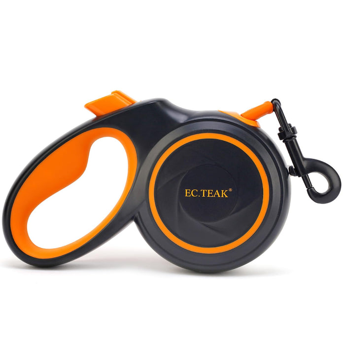 EC.TEAK retractable dog leash in black and orange with circular housing and swivel hook