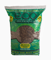 Green eco bedding package showing brown paper fiber material through clear window