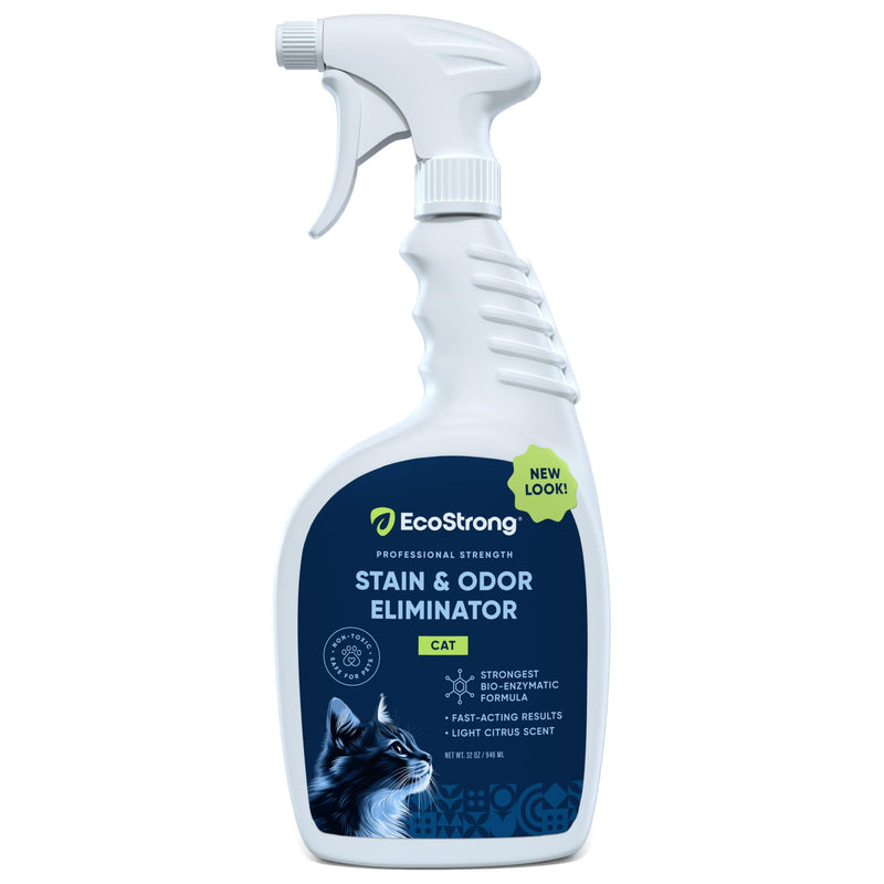 White spray bottle of EcoStrong cat stain and odor eliminator with blue label and cat graphic