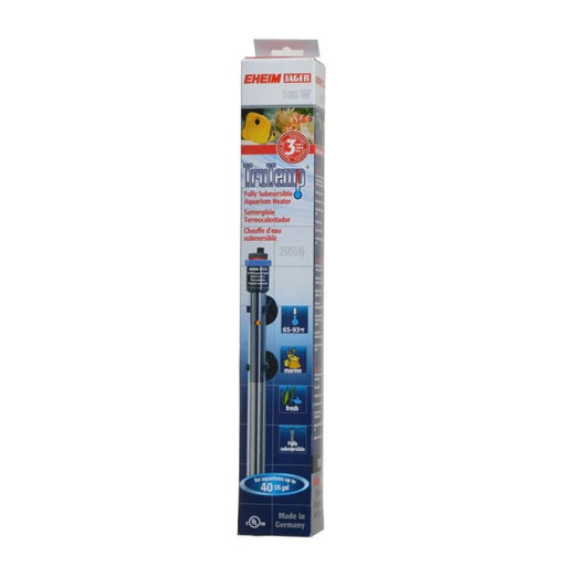 EHEIM Jager TruTemp aquarium heater in white retail packaging showing product details and specs