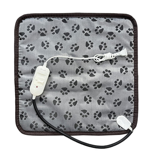 Electric pet heating pad with gray paw print fabric and white temperature controller with cord