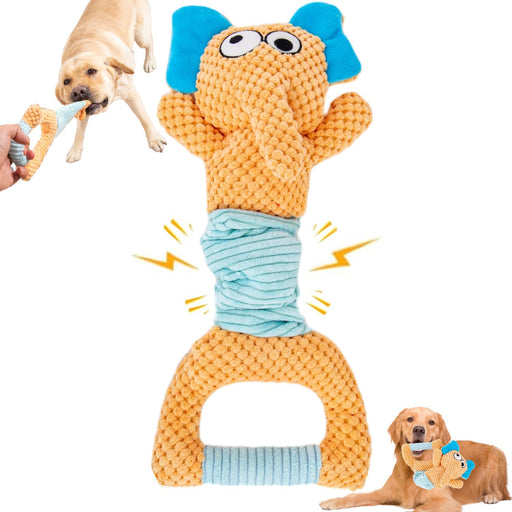 Orange elephant plush dog toy with blue ears and corduroy middle section being pulled by dog