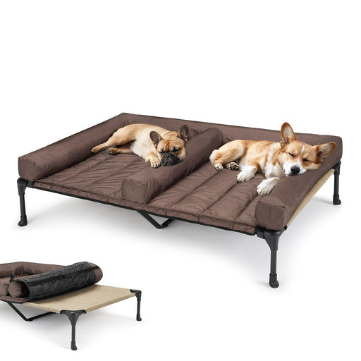 Two dogs sleeping on brown elevated double dog bed with padded cushions and black metal frame