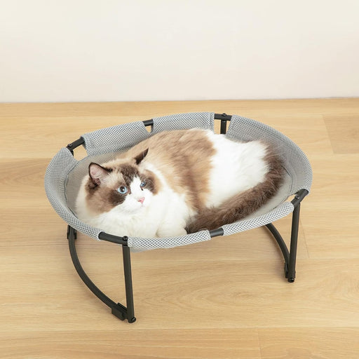 Ragdoll cat resting in elevated grey mesh pet hammock bed on black metal frame