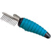 Blue ergonomic pet dematting comb with ribbed grip handle and metal tines at 45-degree angle