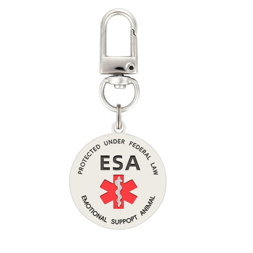 Round white ESA Emotional Support Animal tag with red medical symbol and silver clip