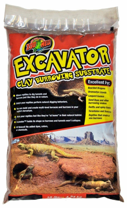 Zoo Med Excavator clay substrate package showing desert habitat with bearded dragon and burrows