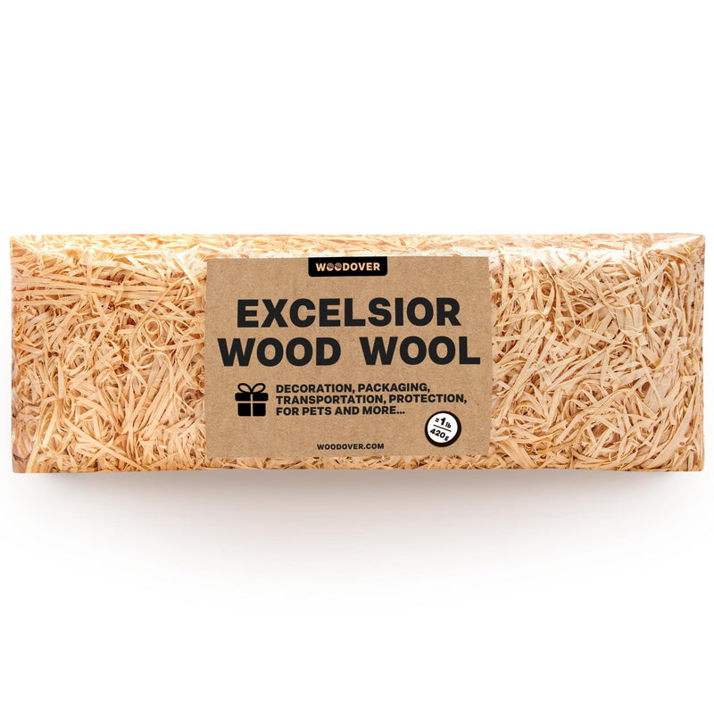 Woodover excelsior wood wool 1lb compressed brick with kraft paper label front view