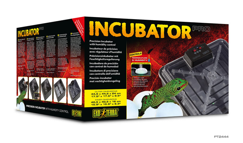 Exo Terra reptile incubator packaging box showing multiple angles and green gecko illustration